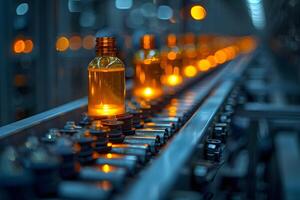Automated Factory Assembly Line with Glass Bottles and Warm Lighting photo