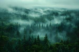 Mystical Foggy Forest Landscape with Lush Green Trees and Rolling Hills photo
