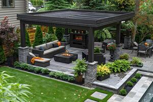 Modern Outdoor Living Space with Pergola and Fireplace for Relaxation and Entertainment photo