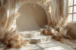 Elegant Wedding Arch Scene with Soft Draping and Pampas Grass Decor for Romantic Event Design photo