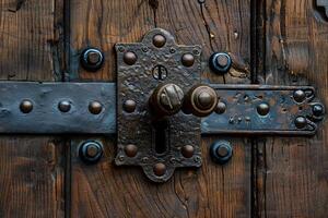 Rustic Vintage Door Lock on Weathered Wooden Surface for Historical Architectural Design photo