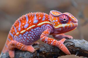Vibrant Chameleon with Colorful Scales on a Branch - Wildlife Photography photo