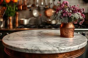 Elegant Kitchen Decor with Marble Tabletop and Copper Accents in Rustic Setting photo