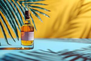 Tropical Summer Vibes with Whiskey Bottle on Colorful Background for Beverage Design photo