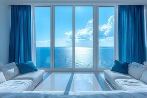 Serene Ocean View from a Modern Living Room with Blue Accents photo