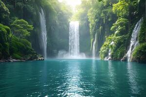 Serene Waterfall in Lush Tropical Jungle Nature's Escape and Tranquil Sanctuary photo