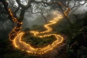 Enchanted Forest Path with Twinkling Lights in Misty Atmosphere photo