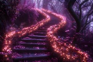 Enchanted Forest Pathway Illuminated by Twinkling Lights in Mystical Twilight Setting photo