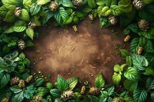Lush Green Foliage Frame with Hops Cones on Rustic Background for Nature-Themed Designs photo