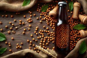 Craft Beer and Brewing Elements with Bottle and Wheat on Rustic Wooden Table photo