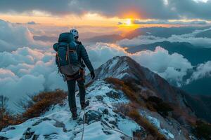 Adventurer Exploring Snowy Mountain Trail at Sunset with Dramatic Cloudscape photo
