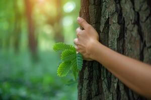 Nature Connection Hand Touching Tree Trunk in Peaceful Forest Environment photo