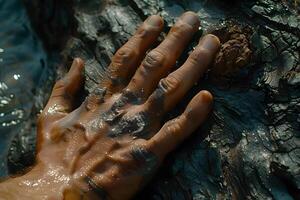 Touching Nature - Hand on Tree Bark with Muddy Texture in Sunlight photo