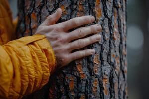 Nature Connection Hand on Tree Trunk for Environmental Awareness and Mindfulness photo