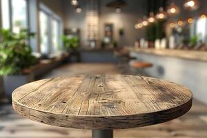 Rustic Wooden Table in Cozy Modern Cafe Interior for Design Use photo