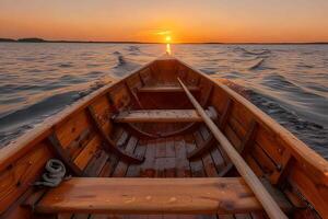 Serene Sunset Rowboat Journey on Tranquil Lake for Relaxation and Reflection photo