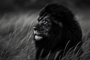 Black and white photo of a lion in the grass
