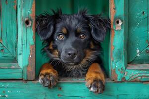 A dog looking out a window photo