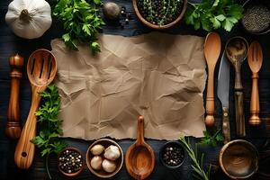 Various ingredients and spices are arranged on a paper photo