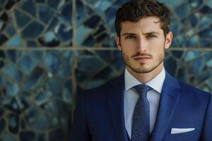 A man in a blue suit and tie photo
