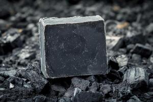 A black soap bar sitting on top of a pile of coal photo