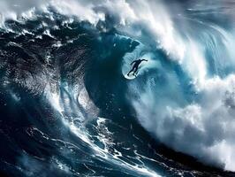 Surfer riding a large wave in the ocean photo