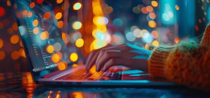 A person typing on a laptop computer with lights behind them photo