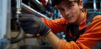 A man in an orange shirt and black gloves fixing a pipe photo