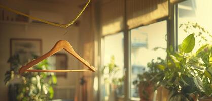 A wooden hanger hangs from a clothes line in front of a window photo