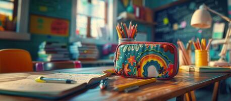 School desk with colorful pencil case and school supplies photo