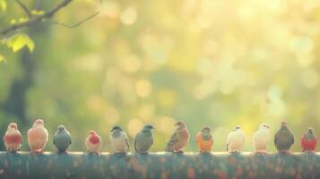 Many birds are sitting on a pipe in front of a tree photo
