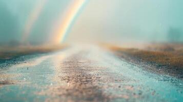 Rainbow on a road in the fog photo