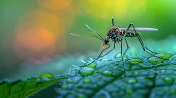 A mosquito is sitting on a leaf with water droplets photo
