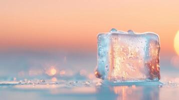 Ice cube on the water with the sun in the background photo