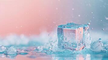 Ice cube in water with water droplets photo