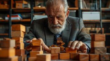 An old man playing with wooden blocks photo