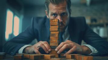 A man in a suit is playing with wooden blocks photo