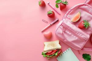 Backpack with strawberries, a notebook, and a sandwich on a pink background photo