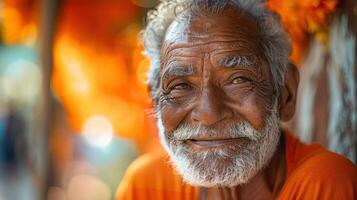 An old man with a beard and orange shirt photo