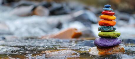 A stack of colorful stones sitting in a stream photo