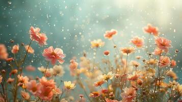 Pink flowers in the rain with a blue sky photo