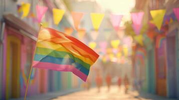 A rainbow flag is flying in the air in a city street photo