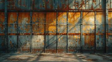 An old rusty metal wall with a door and a window photo