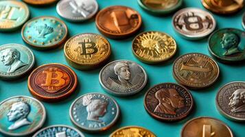 Many different colored coins are arranged on a blue surface photo