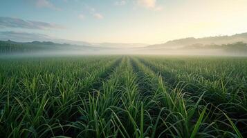 A field of sugar cane with fog in the background photo