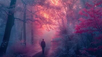 A man is walking through a forest with red trees photo