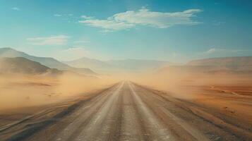 A dirt road in the desert with mountains in the background photo