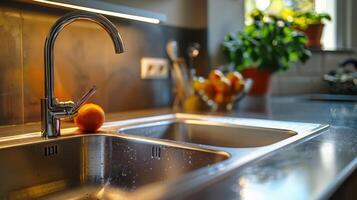 A kitchen sink with a faucet and an orange photo
