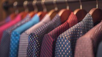 A row of colorful shirts hanging on a rack photo