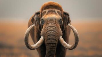 A large elephant with long tusks walking through a field photo